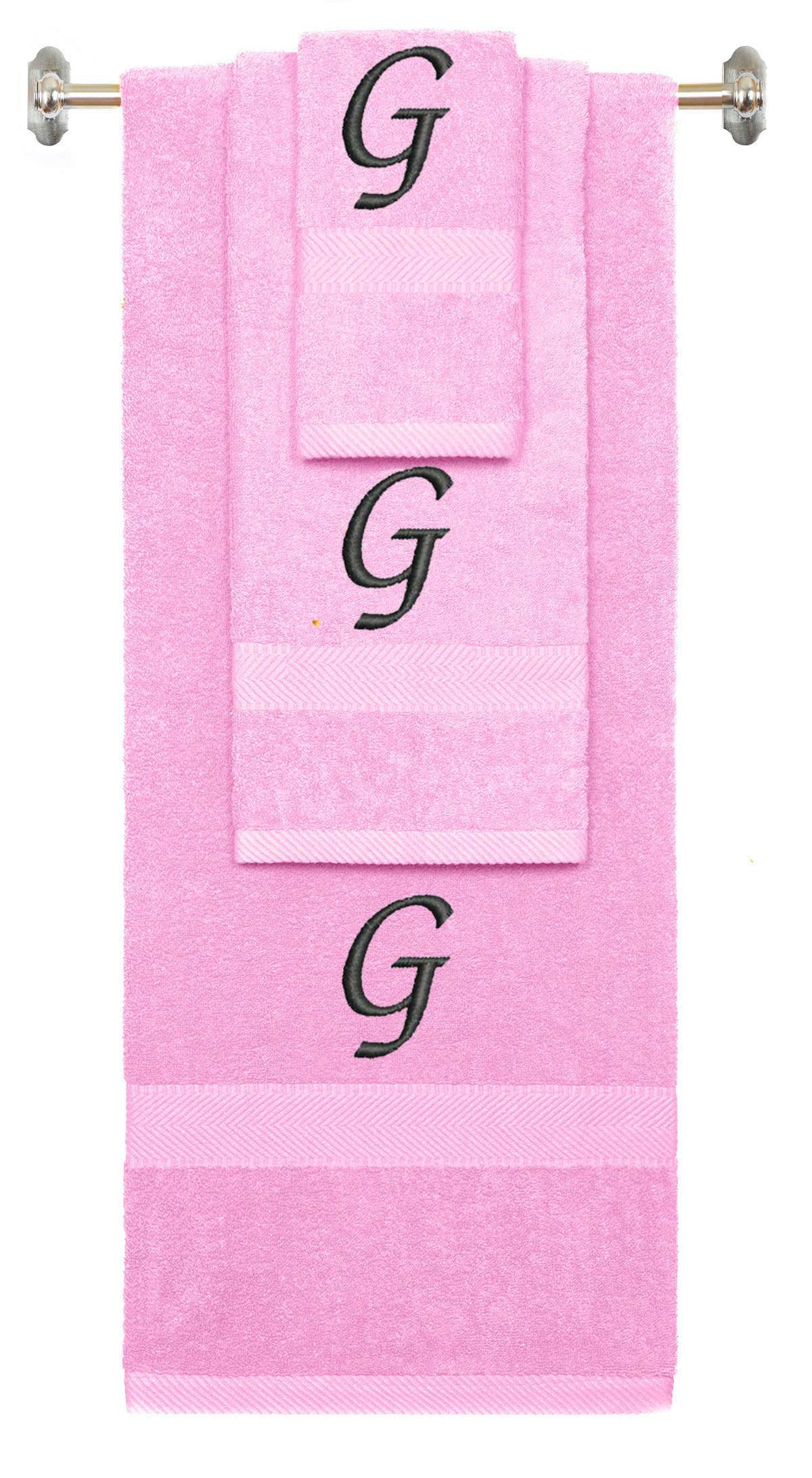 Pink monogrammed towel set with Black thread, Chancery font, initial G - 540 GSM cotton 3-piece