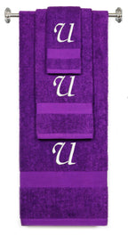 Purple monogrammed towel set with White thread, Chancery font, initial U - 540 GSM cotton 3-piece