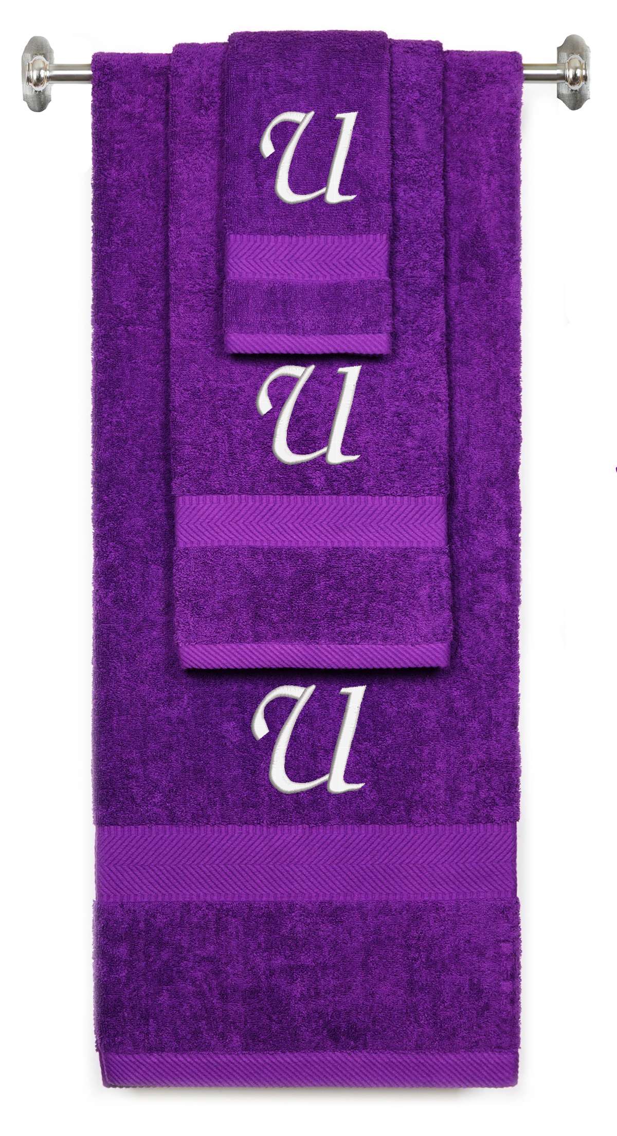 Purple monogrammed towel set with White thread, Chancery font, initial U - 540 GSM cotton 3-piece