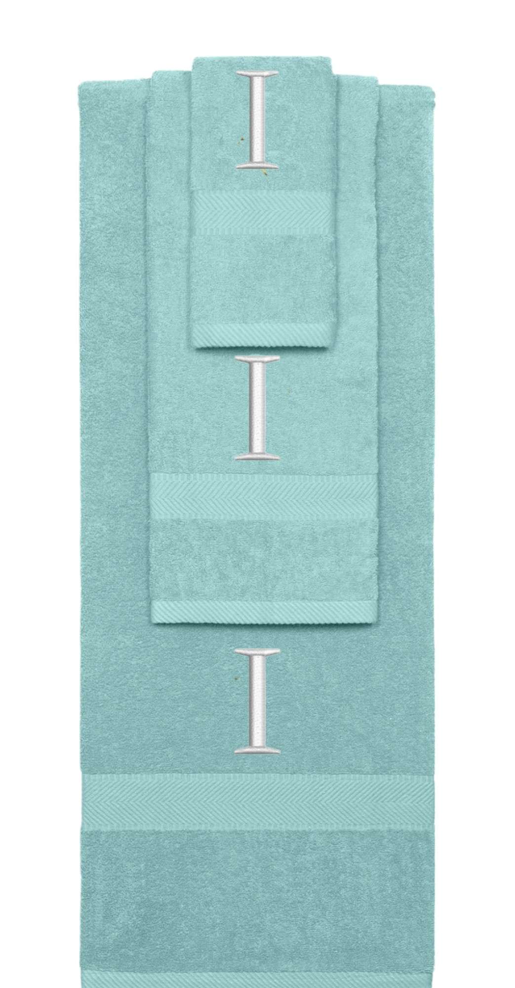 Nautical Teal monogrammed towel set with Silver thread, Times New Roman font, initial I - 540 GSM cotton 3-piece