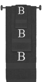 Charcoal monogrammed towel set with Silver thread, Times New Roman font, initial B - 540 GSM cotton 3-piece