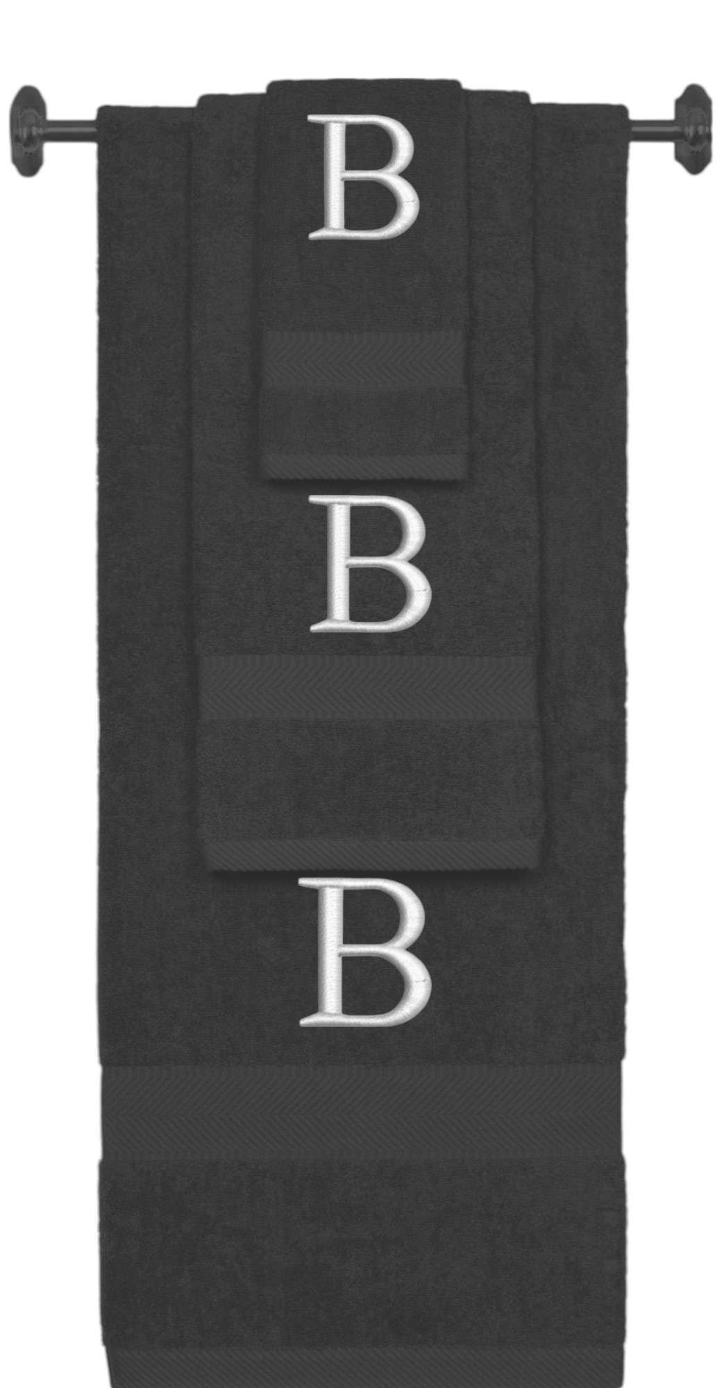 Charcoal monogrammed towel set with Silver thread, Times New Roman font, initial B - 540 GSM cotton 3-piece