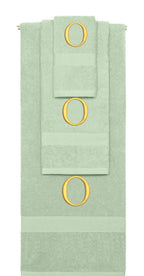 Mint Green monogrammed towel set with Gold thread, Times New Roman font, initial O - 540 GSM cotton 3-piece