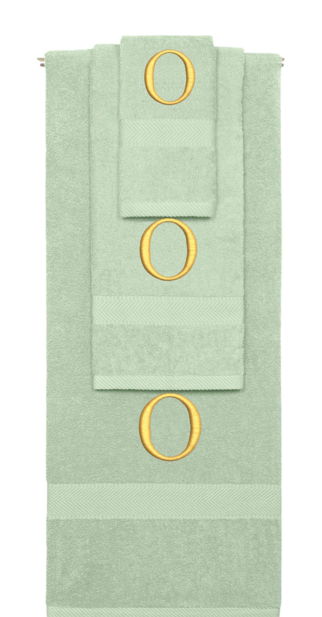 Mint Green monogrammed towel set with Gold thread, Times New Roman font, initial O - 540 GSM cotton 3-piece
