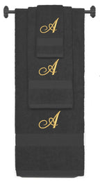 Charcoal monogrammed towel set with Gold thread, Diana Script font, initial A - 540 GSM cotton 3-piece