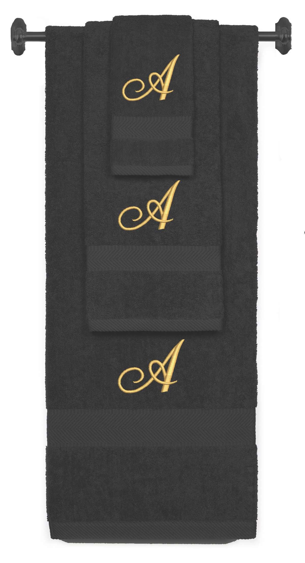 Charcoal monogrammed towel set with Gold thread, Diana Script font, initial A - 540 GSM cotton 3-piece