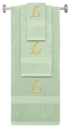 Mint Green monogrammed towel set with Gold thread, Chancery font, initial L - 540 GSM cotton 3-piece