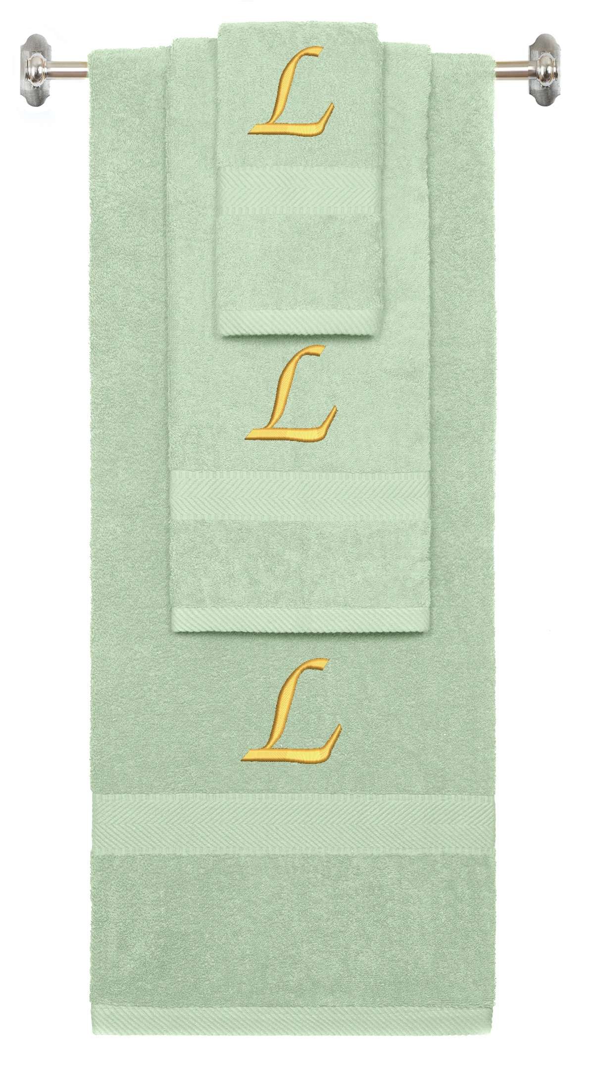 Mint Green monogrammed towel set with Gold thread, Chancery font, initial L - 540 GSM cotton 3-piece