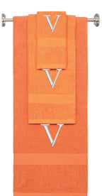 Orange monogrammed towel set with Silver thread, Times New Roman font, initial V - 540 GSM cotton 3-piece