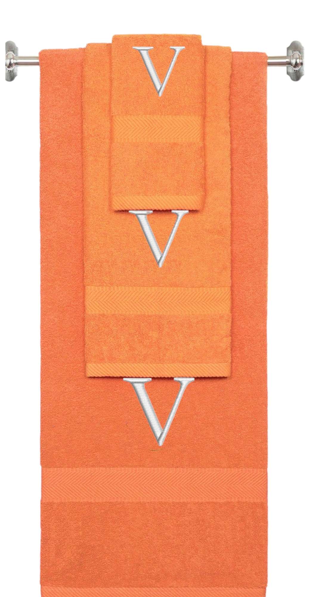 Orange monogrammed towel set with Silver thread, Times New Roman font, initial V - 540 GSM cotton 3-piece