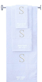 White monogrammed towel set with Silver thread, Times New Roman font, initial S - 540 GSM cotton 3-piece