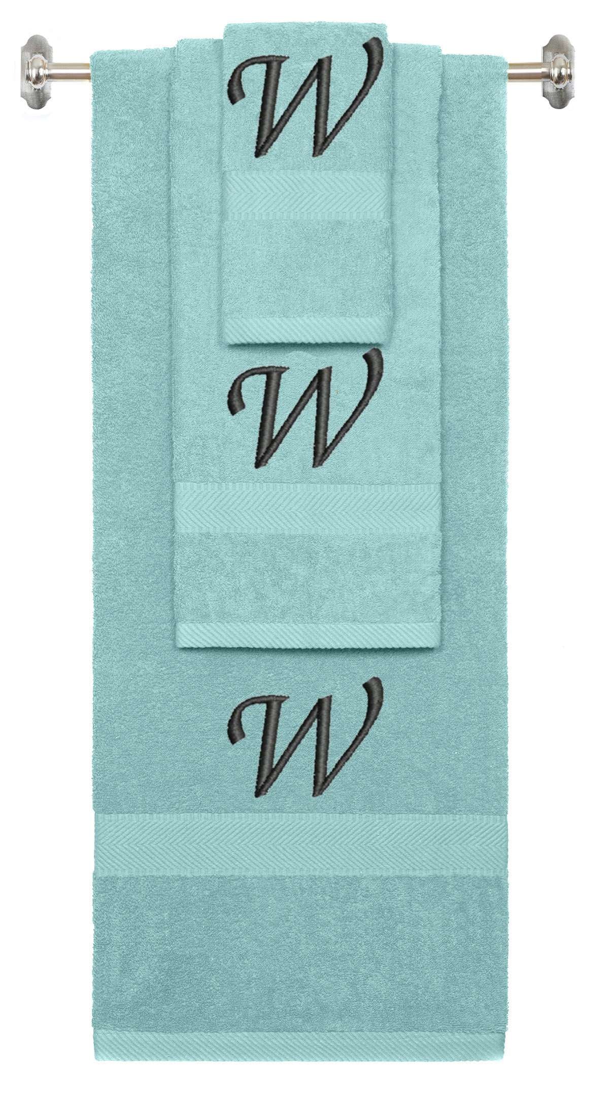 Nautical Teal monogrammed towel set with Black thread, Chancery font, initial W - 540 GSM cotton 3-piece