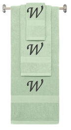 Mint Green monogrammed towel set with Black thread, Chancery font, initial W - 540 GSM cotton 3-piece