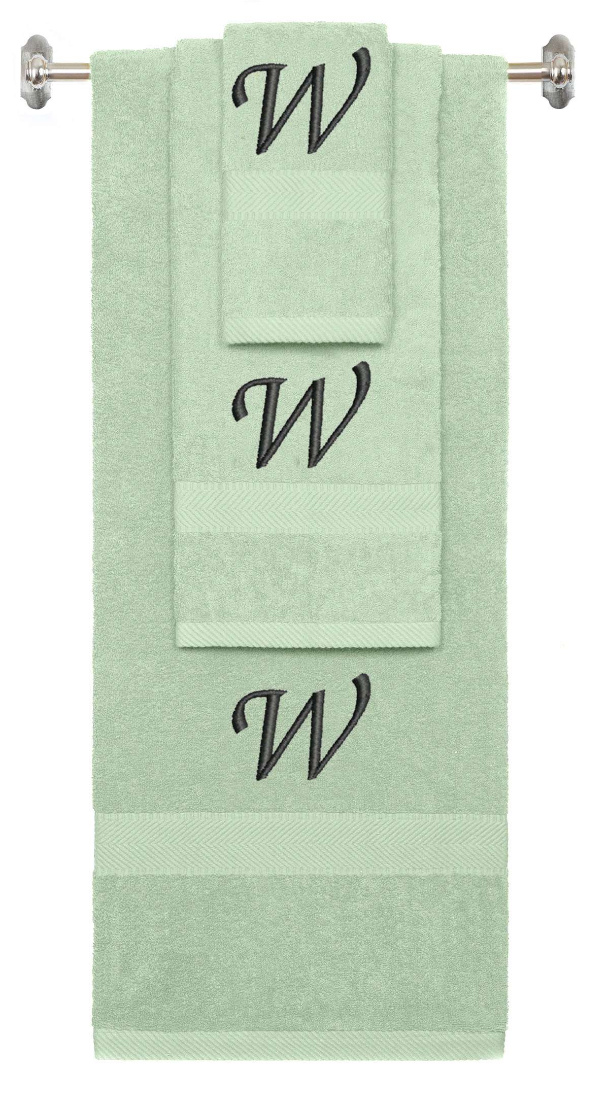 Mint Green monogrammed towel set with Black thread, Chancery font, initial W - 540 GSM cotton 3-piece