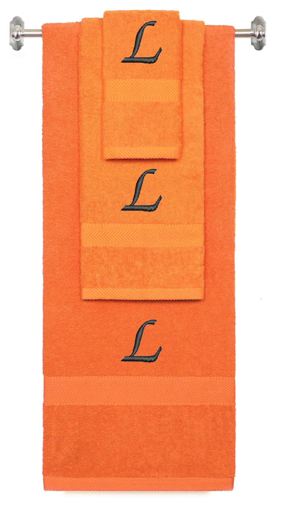Orange monogrammed towel set with Black thread, Chancery font, initial L - 540 GSM cotton 3-piece