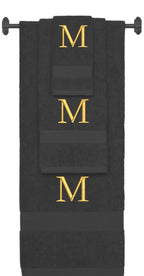 Charcoal monogrammed towel set with Gold thread, Times New Roman font, initial M - 540 GSM cotton 3-piece