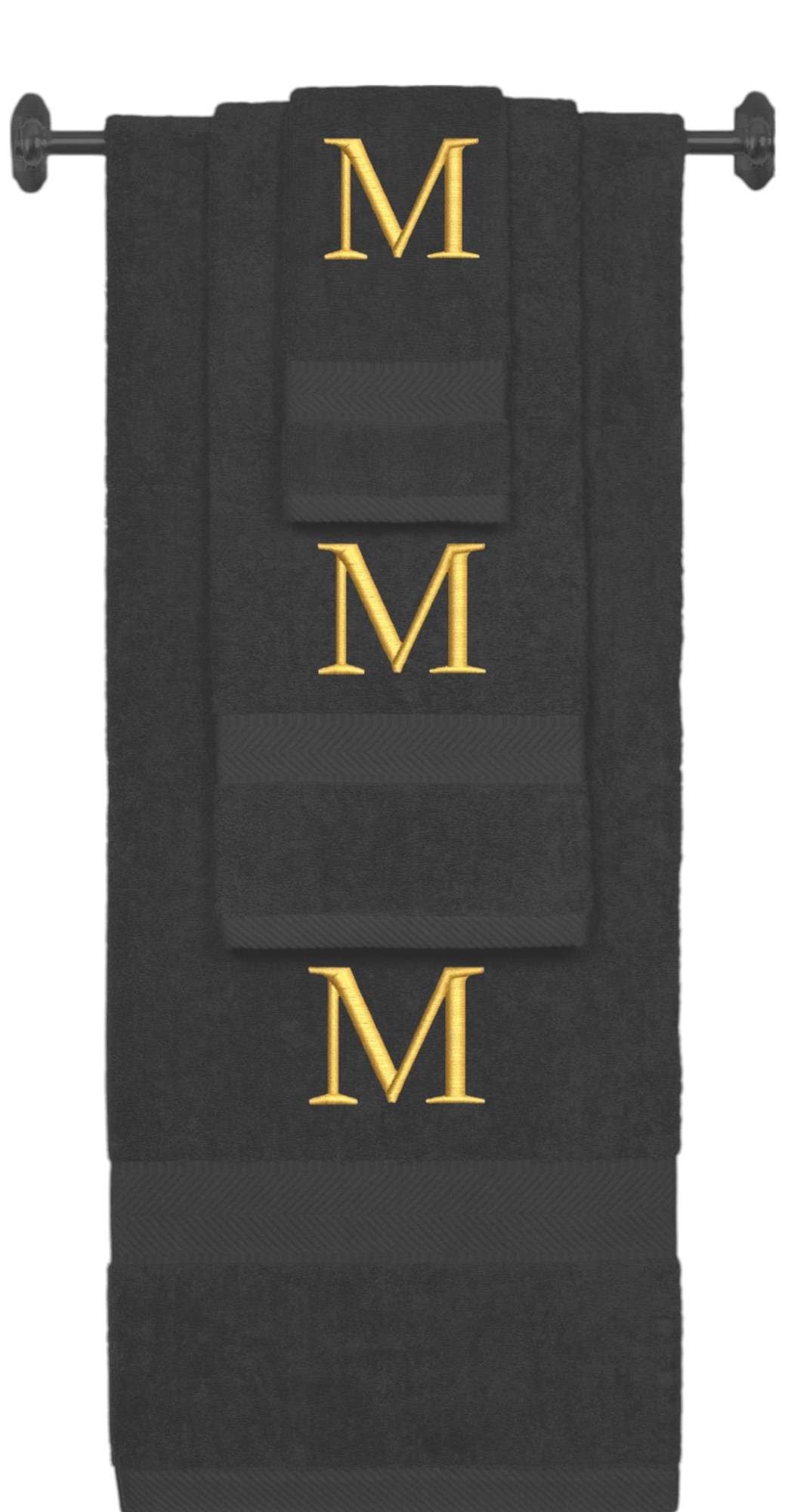 Charcoal monogrammed towel set with Gold thread, Times New Roman font, initial M - 540 GSM cotton 3-piece