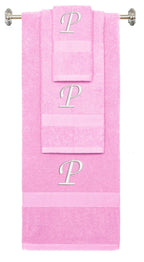 Pink monogrammed towel set with White thread, Chancery font, initial P - 540 GSM cotton 3-piece