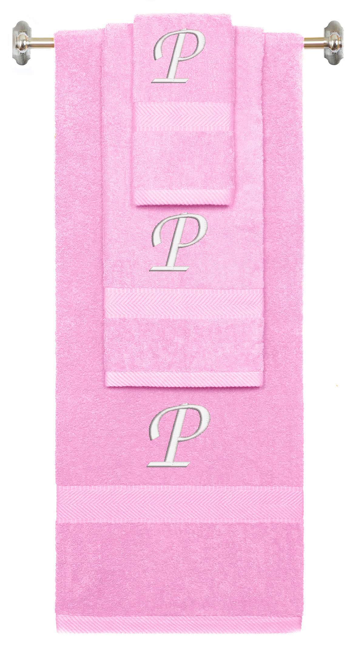 Pink monogrammed towel set with White thread, Chancery font, initial P - 540 GSM cotton 3-piece