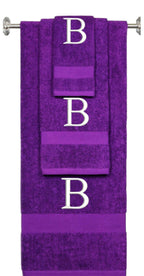 Purple monogrammed towel set with White thread, Times New Roman font, initial B - 540 GSM cotton 3-piece