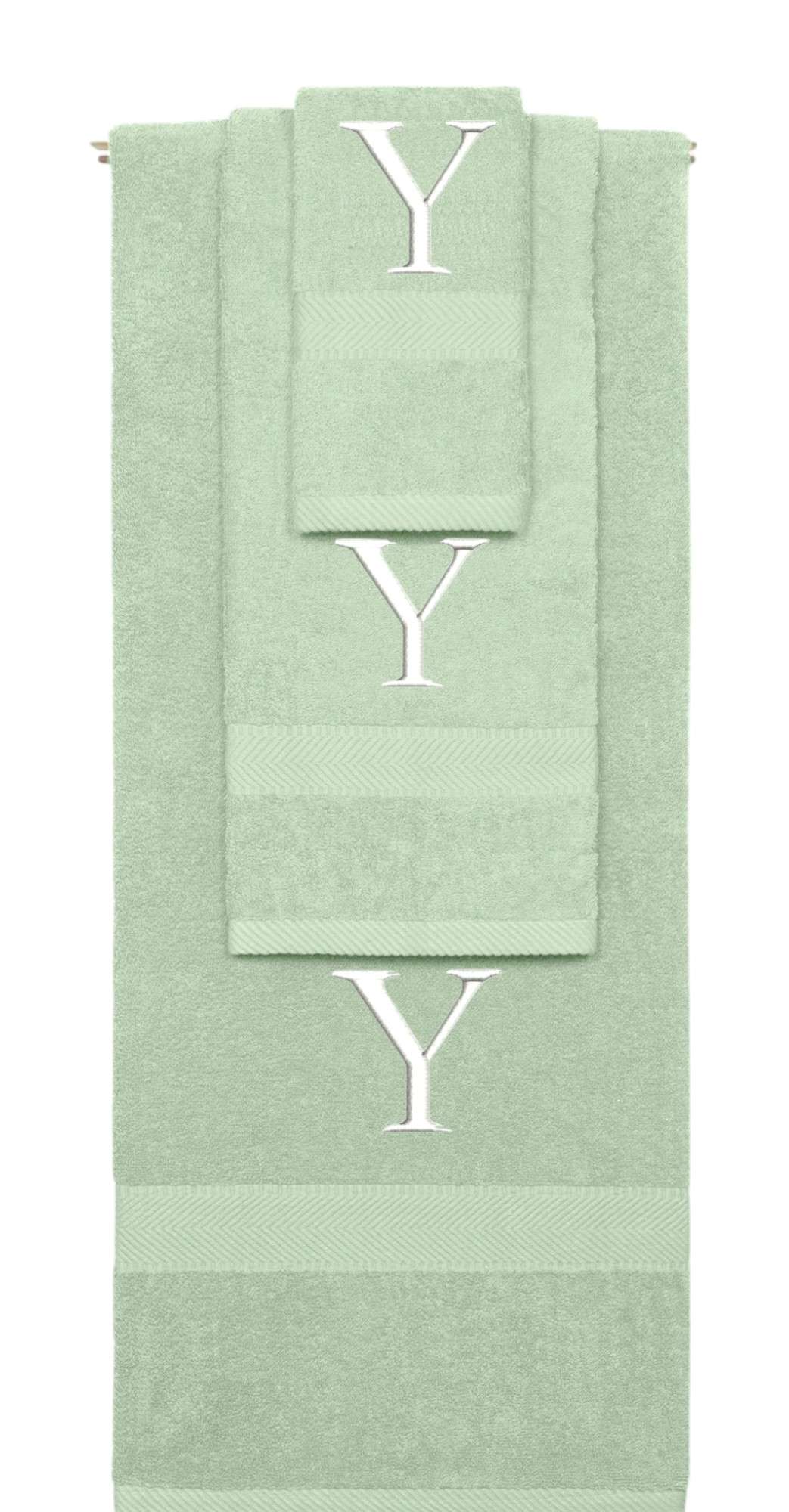 Mint Green monogrammed towel set with White thread, Times New Roman font, initial Y - 540 GSM cotton 3-piece