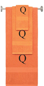 Orange monogrammed towel set with Black thread, Times New Roman font, initial Q - 540 GSM cotton 3-piece