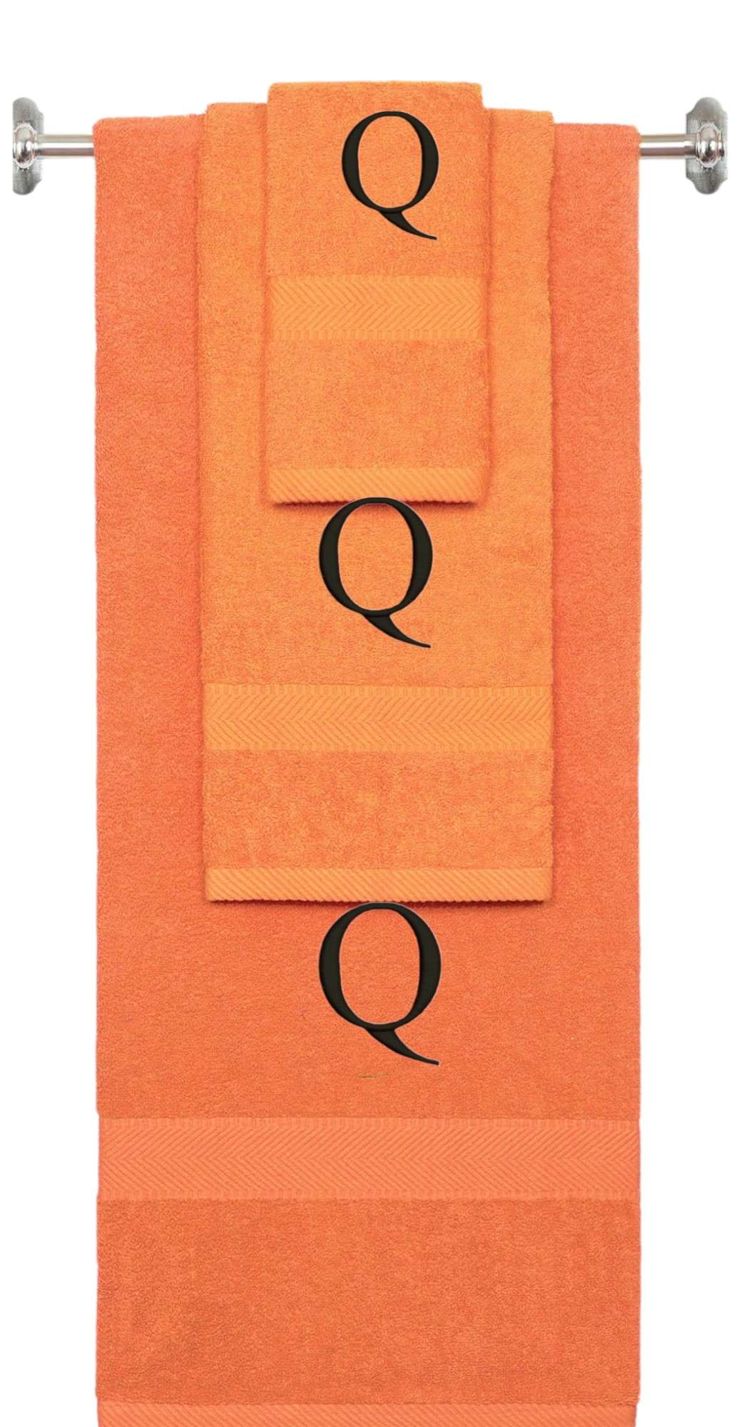 Orange monogrammed towel set with Black thread, Times New Roman font, initial Q - 540 GSM cotton 3-piece