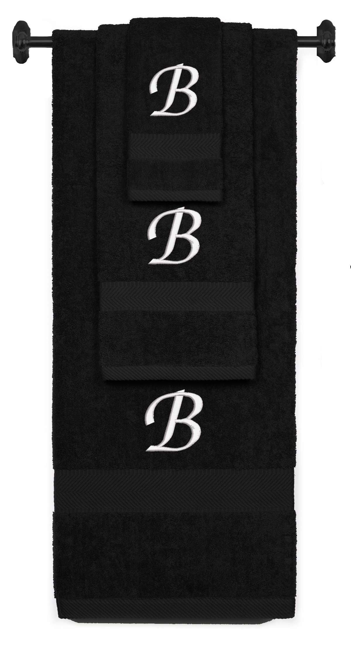 Black monogrammed towel set with White thread, Chancery font, initial B - 540 GSM cotton 3-piece