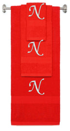 Red monogrammed towel set with Silver thread, Chancery font, initial N - 540 GSM cotton 3-piece