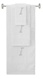 White monogrammed towel set with Silver thread, Chancery font, initial I - 540 GSM cotton 3-piece