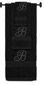 Black monogrammed towel set with Black thread, Diana Script font, initial B - 540 GSM cotton 3-piece
