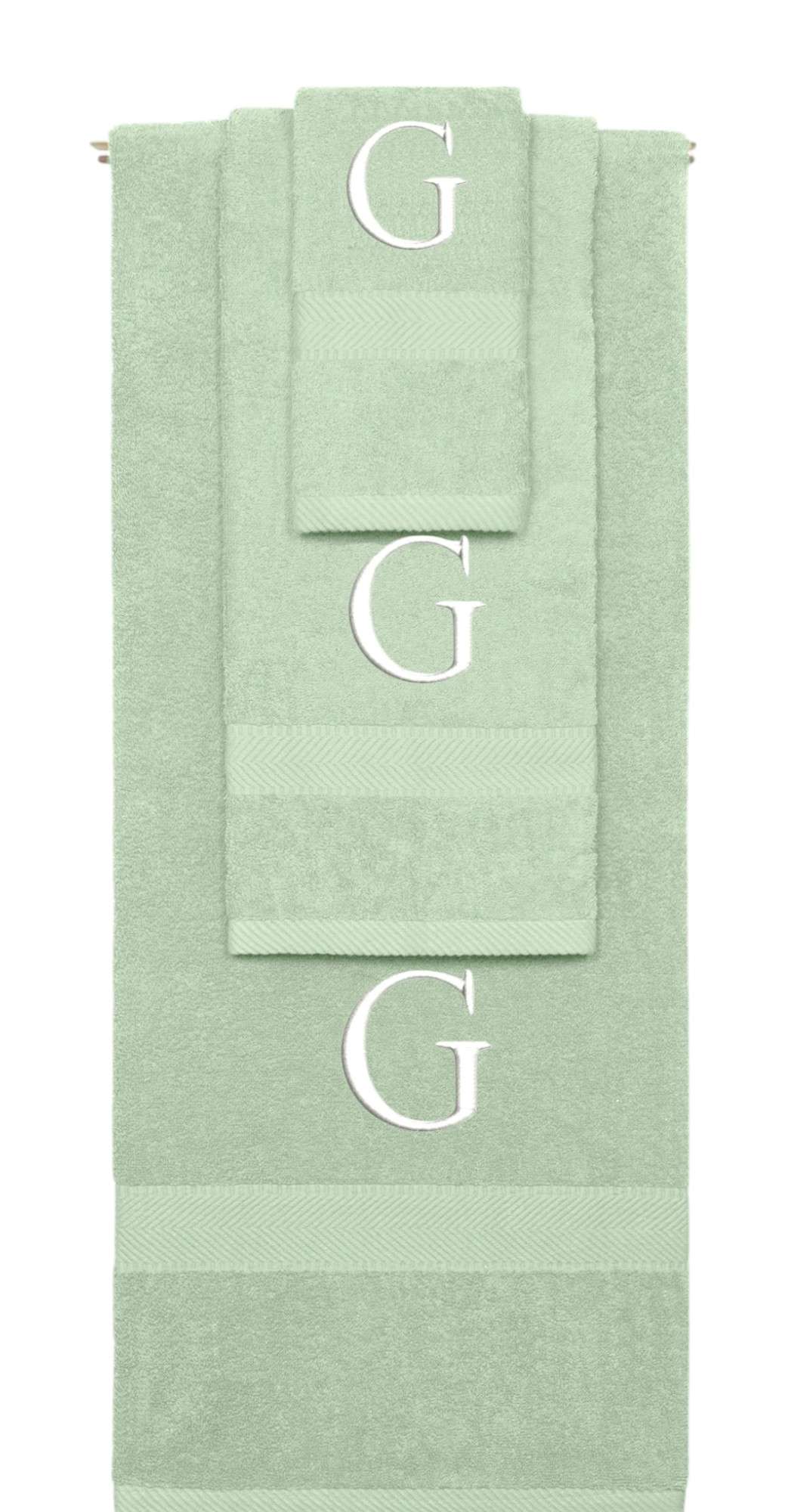 Mint Green monogrammed towel set with White thread, Times New Roman font, initial G - 540 GSM cotton 3-piece