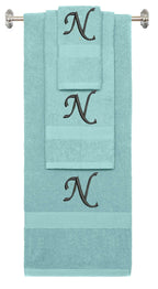 Nautical Teal monogrammed towel set with Black thread, Chancery font, initial N - 540 GSM cotton 3-piece
