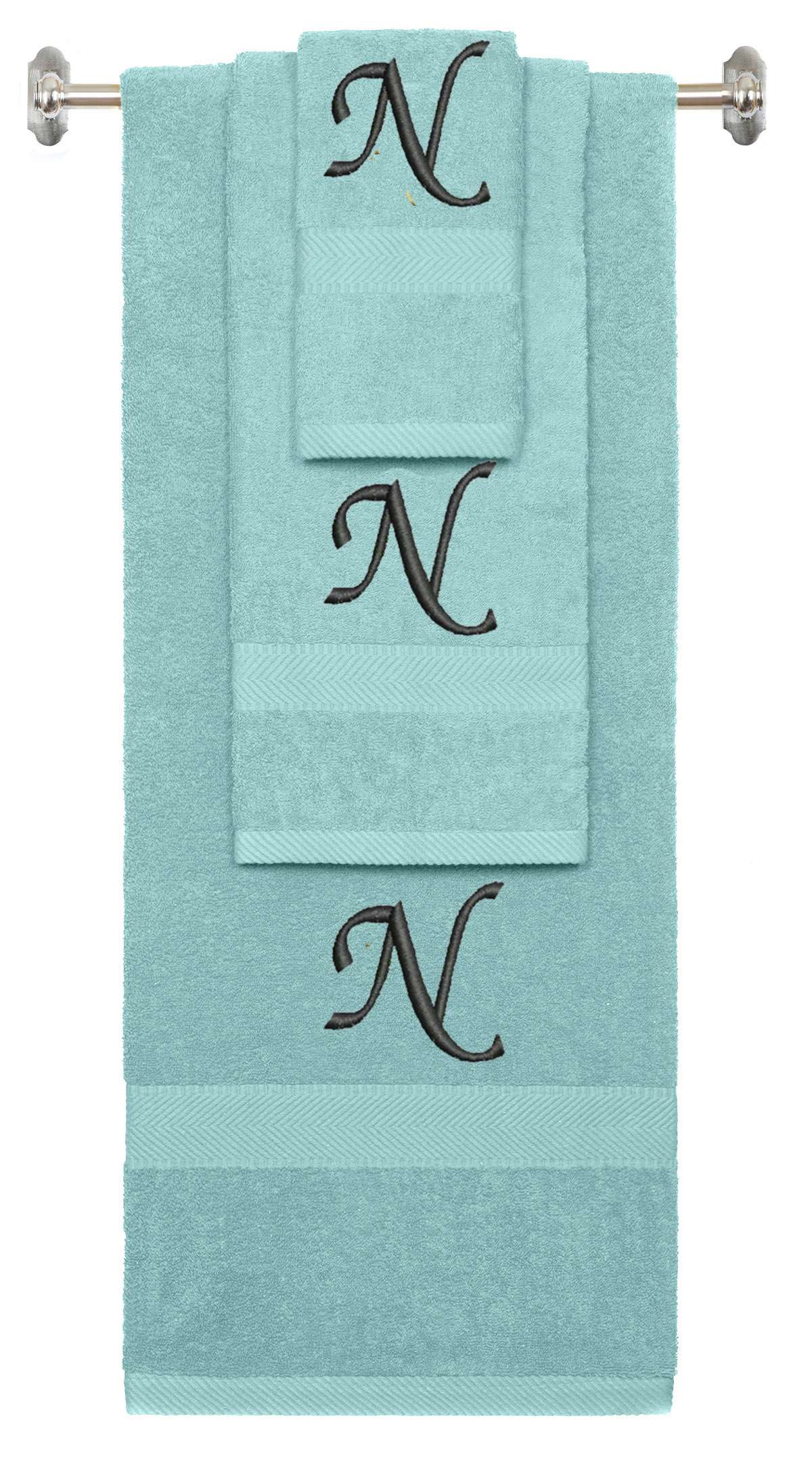 Nautical Teal monogrammed towel set with Black thread, Chancery font, initial N - 540 GSM cotton 3-piece