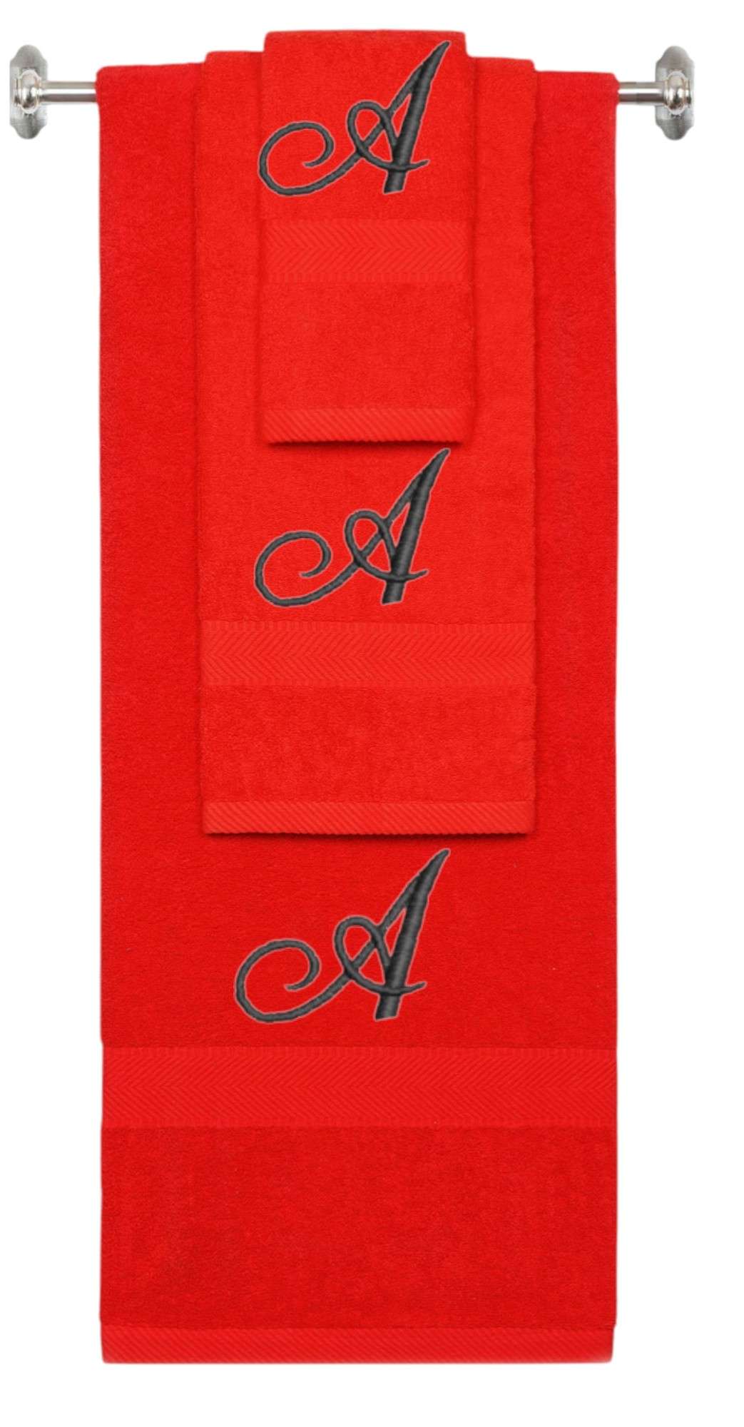 Red monogrammed towel set with Black thread, Diana Script font, initial A - 540 GSM cotton 3-piece