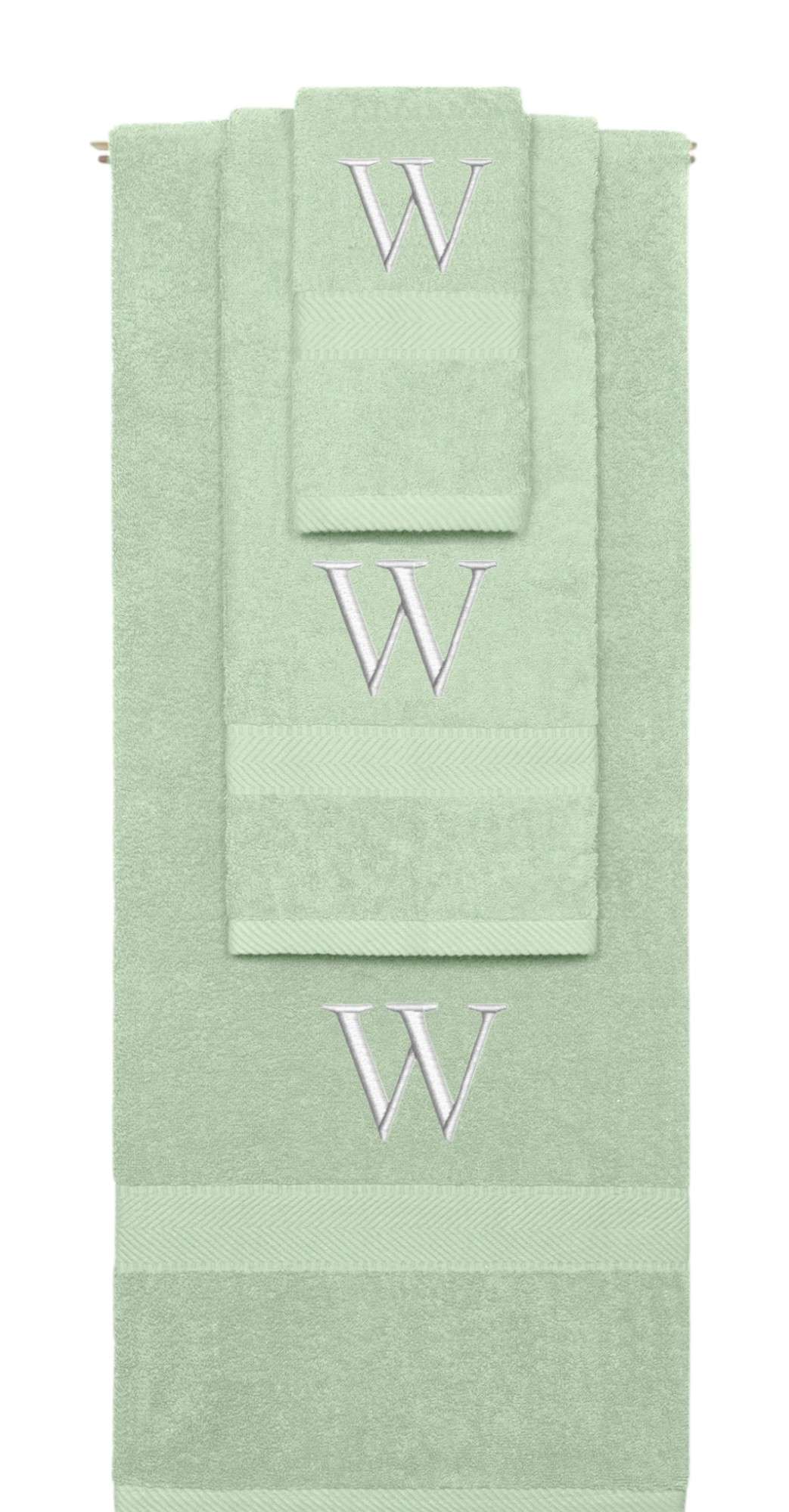 Mint Green monogrammed towel set with Silver thread, Times New Roman font, initial W - 540 GSM cotton 3-piece