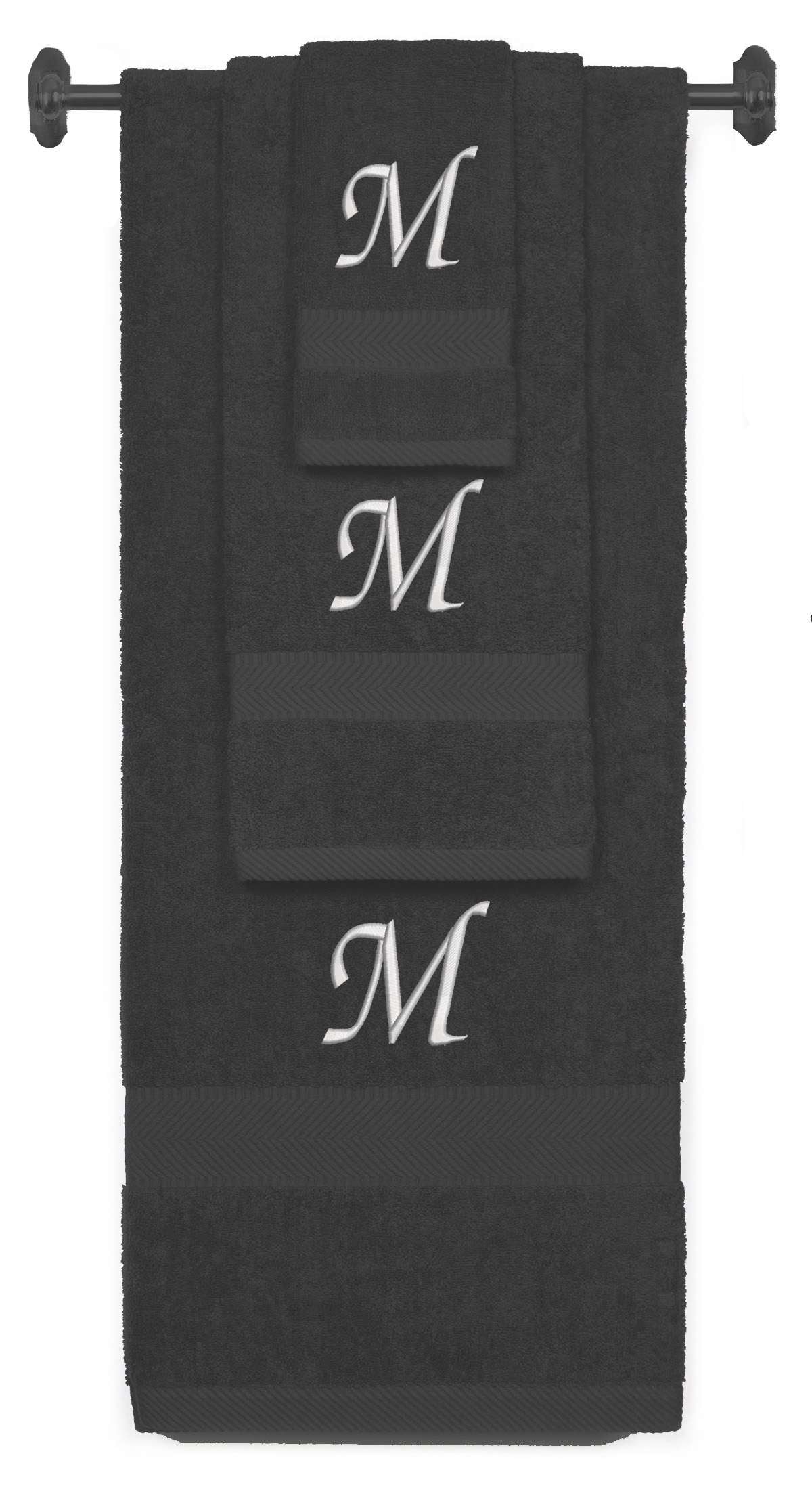 Charcoal monogrammed towel set with Silver thread, Chancery font, initial M - 540 GSM cotton 3-piece