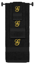 Black monogrammed towel set with Gold thread, Diana Script font, initial G - 540 GSM cotton 3-piece