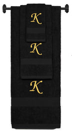 Black monogrammed towel set with Gold thread, Chancery font, initial K - 540 GSM cotton 3-piece