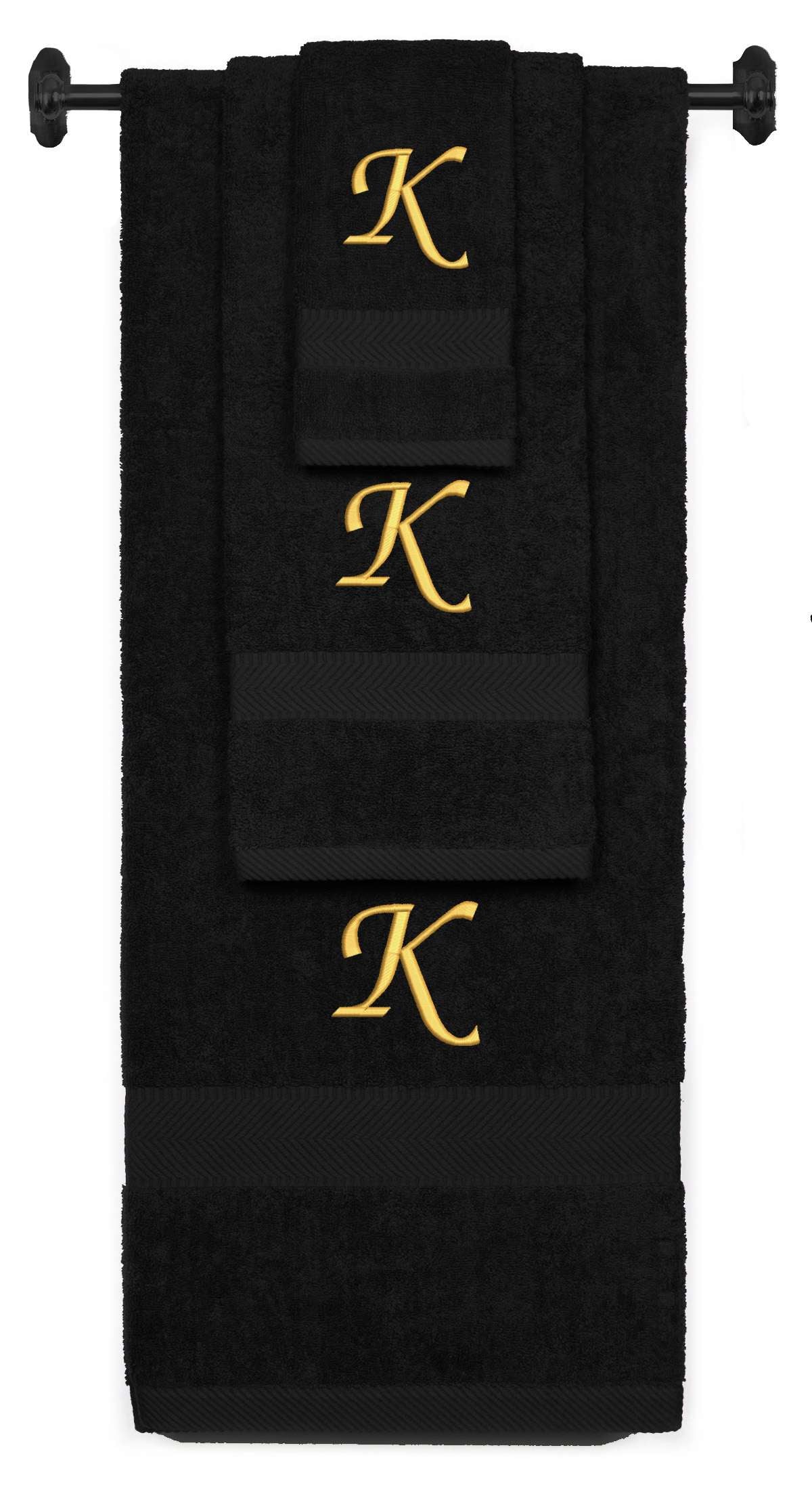 Black monogrammed towel set with Gold thread, Chancery font, initial K - 540 GSM cotton 3-piece