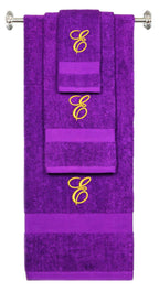 Purple monogrammed towel set with Gold thread, Diana Script font, initial E - 540 GSM cotton 3-piece