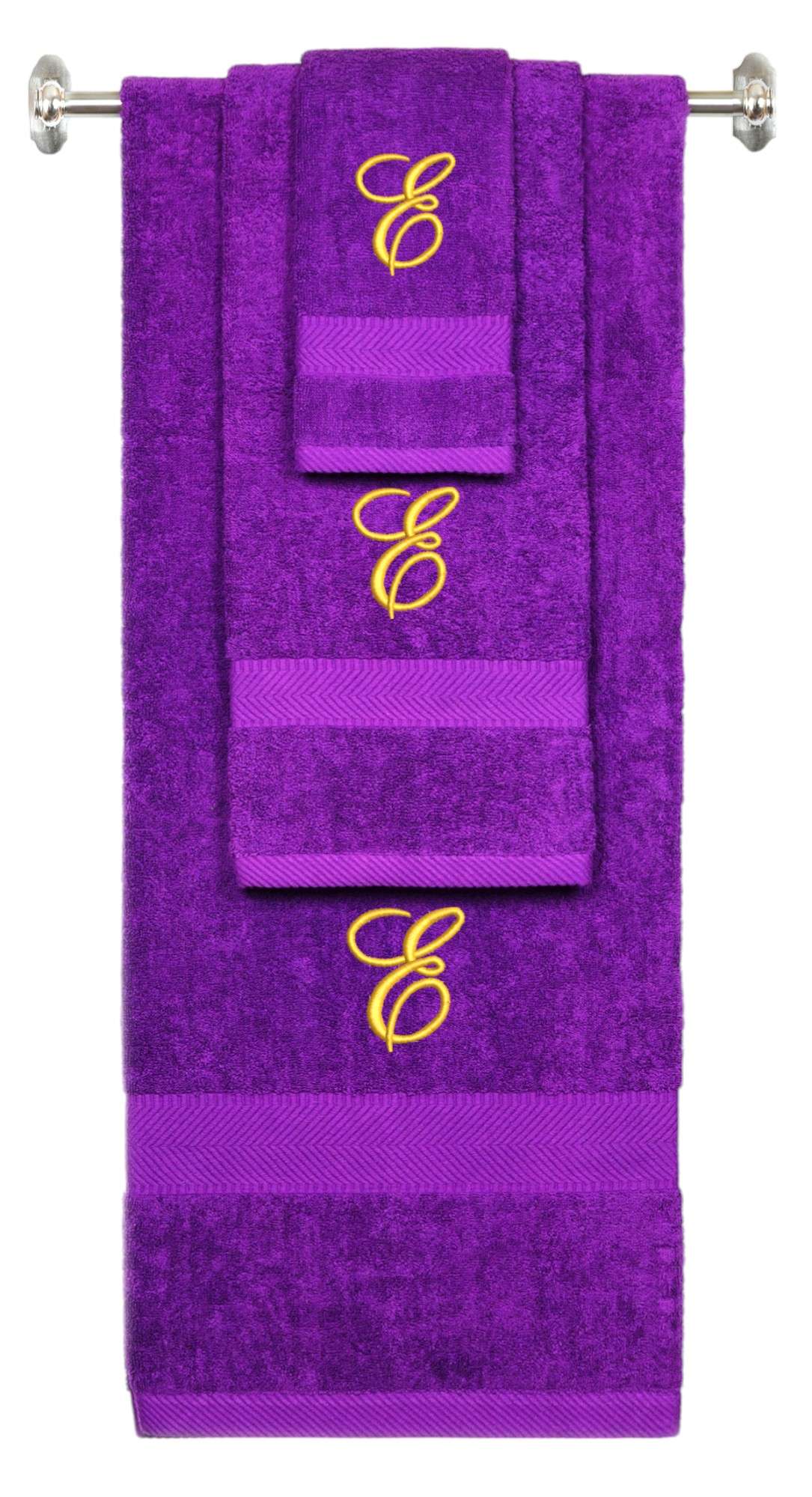 Purple monogrammed towel set with Gold thread, Diana Script font, initial E - 540 GSM cotton 3-piece