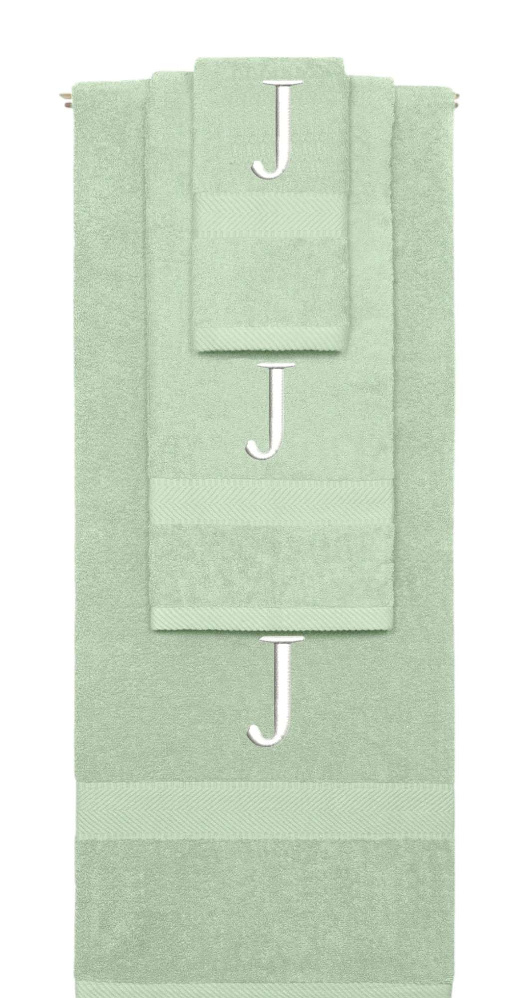 Mint Green monogrammed towel set with White thread, Times New Roman font, initial J - 540 GSM cotton 3-piece