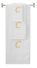 White monogrammed towel set with Gold thread, Chancery font, initial C - 540 GSM cotton 3-piece