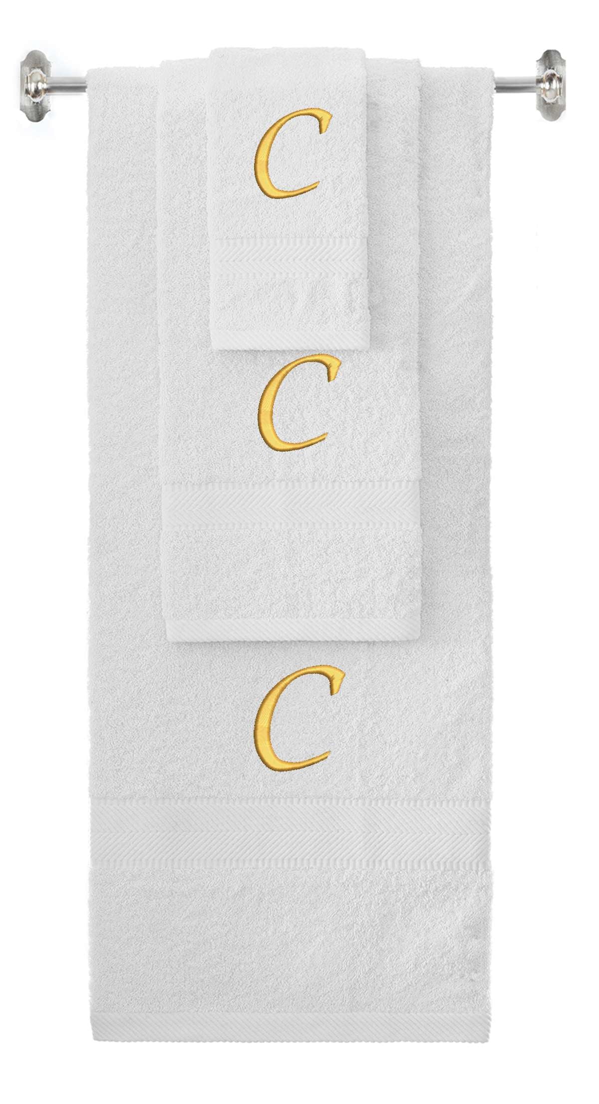 White monogrammed towel set with Gold thread, Chancery font, initial C - 540 GSM cotton 3-piece