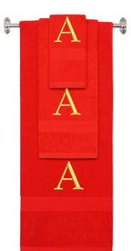 Red monogrammed towel set with Gold thread, Times New Roman font, initial A - 540 GSM cotton 3-piece