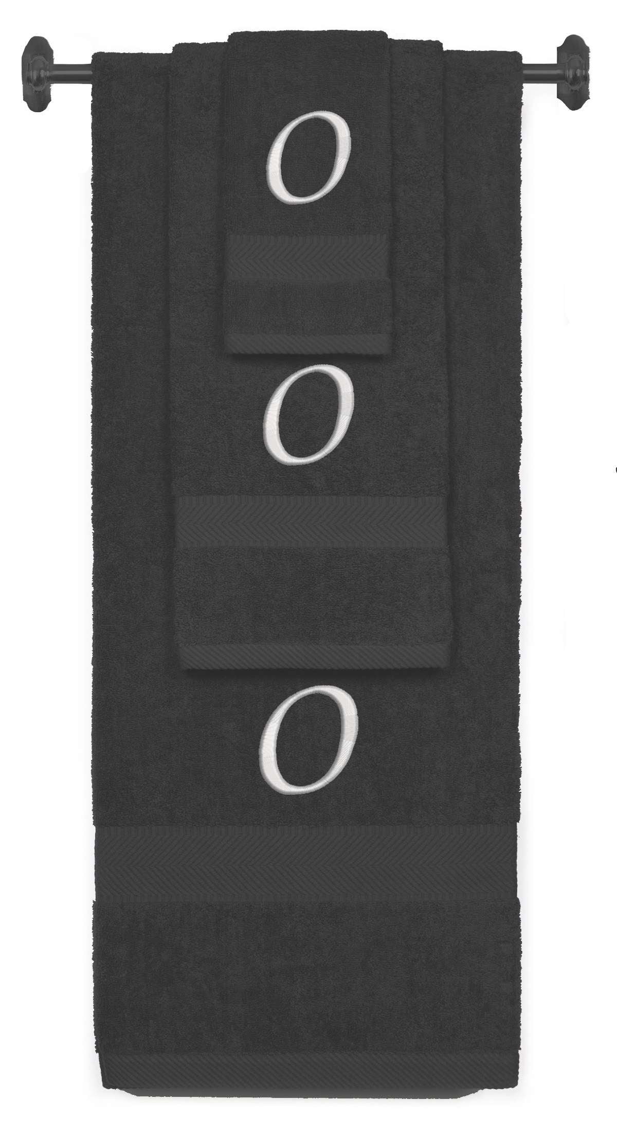 Charcoal monogrammed towel set with Silver thread, Chancery font, initial O - 540 GSM cotton 3-piece