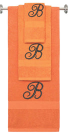 Orange monogrammed towel set with Black thread, Diana Script font, initial B - 540 GSM cotton 3-piece