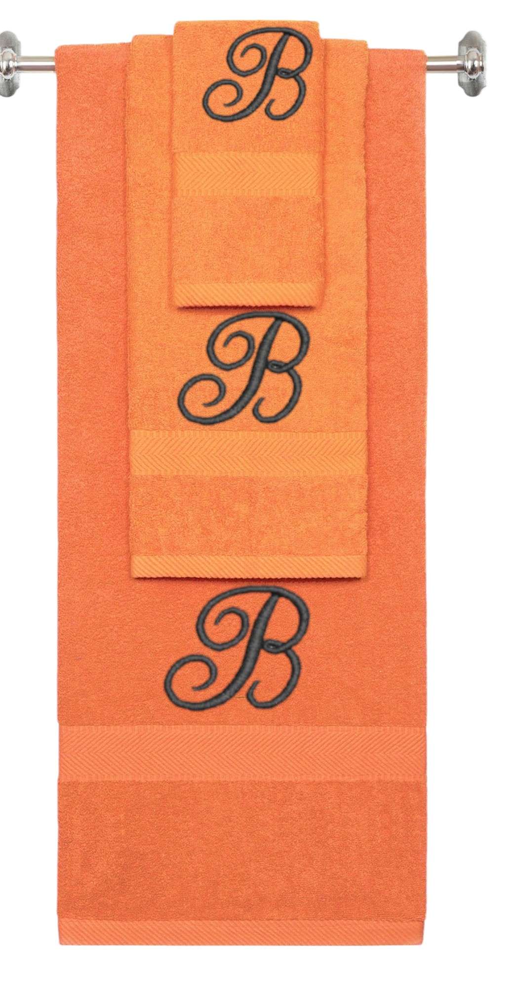 Orange monogrammed towel set with Black thread, Diana Script font, initial B - 540 GSM cotton 3-piece