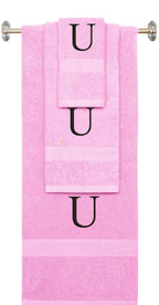Pink monogrammed towel set with Black thread, Times New Roman font, initial U - 540 GSM cotton 3-piece